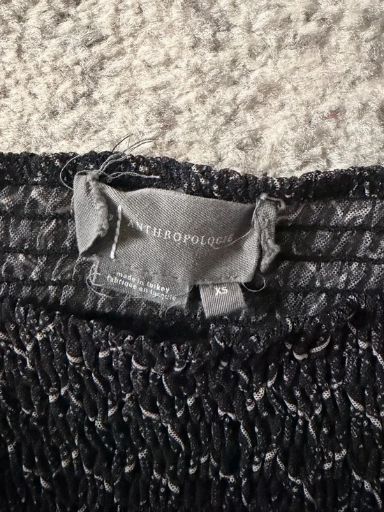 Anthropologie Black Smocked Square Neck Puff Sleeve Blouse XS Sheer Sleeve Top - Picture 2 of 5